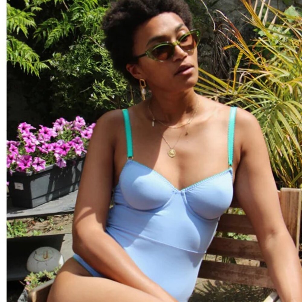 Women’s Light Blue Bodysuit with Teal Straps